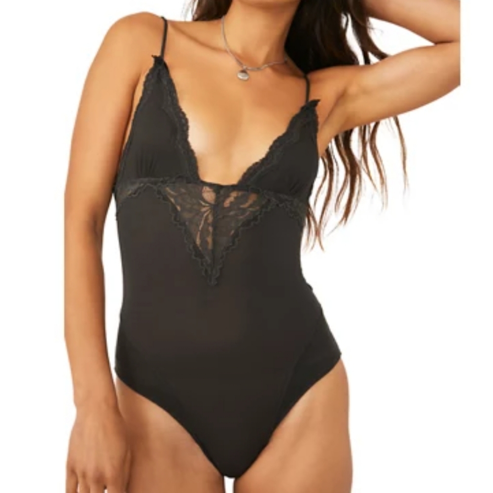 Free People Intimately Perfect Pima Washed Black Bodysuit XS